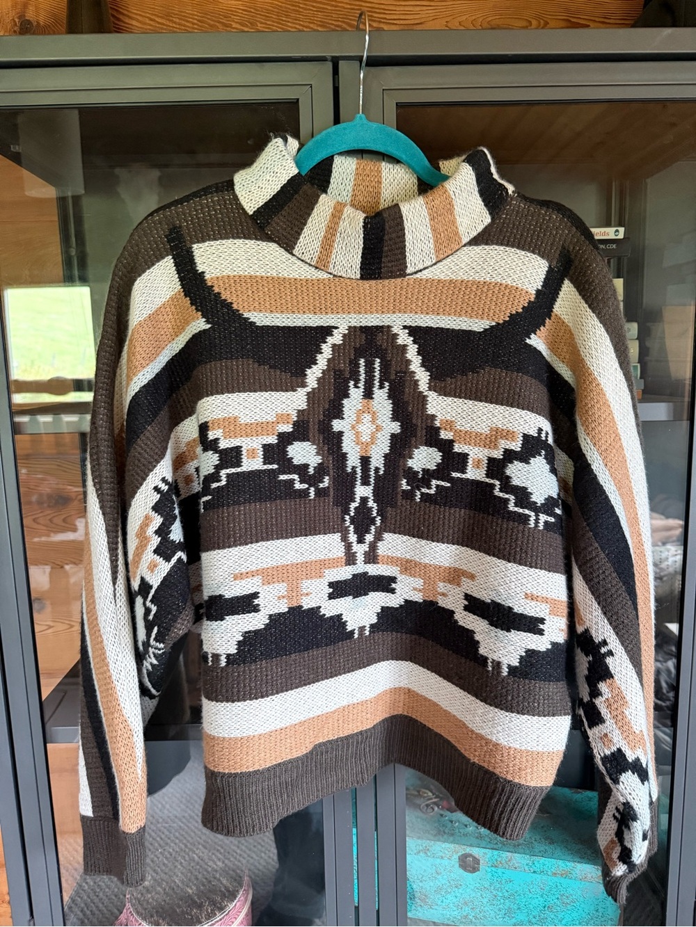 Rock & Roll Denim Southwestern-Pattern Cowl Neck Sweater in Brown and Cream